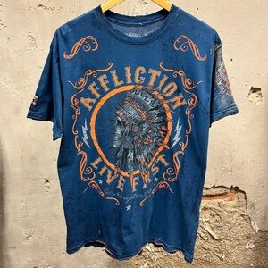 Affliction Live Fast Blue Orange Skull Feather Headdress Burnout Grunge T-Shirt